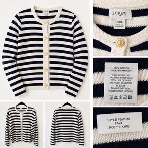 JCrew Womens Cotton Stripe Cardigan Navy Ivory Quiet Luxury Coastal Sweater XXL